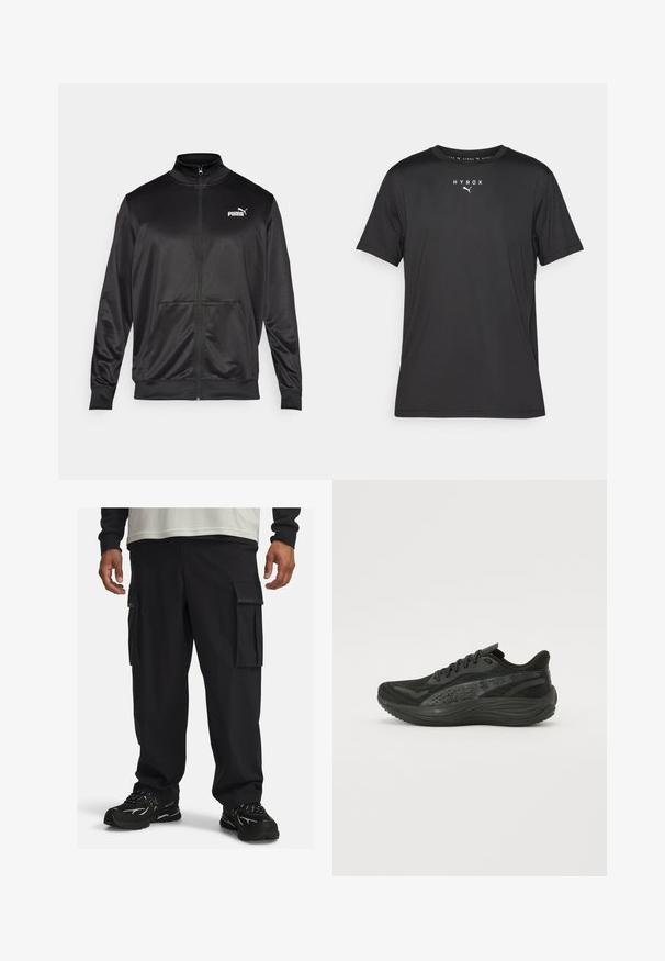 Zwarte jas met rits, gemaakt van een gladde, glanzende stof. Heeft een hoge kraag, twee voorzakken en een wit Puma-logo op de linkerborst.; Zwarte sport t-shirt met korte mouwen van lichtgewicht stof. Heeft een ronde hals en gedrukt "HYROX" logo met een Puma-embleem aan de voorkant.; Zwarte cargobroek van een gestructureerde stof. Bevat meerdere zijzakken en heeft een relaxed fit, gecombineerd met zwarte sportschoenen.; Zwarte sportieve schoen met een gestructureerde mesh bovenkant, platte veters en een gevoerde zool met subtiele reflecterende accenten.