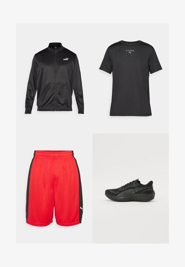 Must läikivast ja siledast kangast must kapuutsiga jakk. Omab kõrget kaelust, kahte esi-taskut ja valget Puma logo vasakul rinnal.; Must t-särk lühikeste varrukatega mustast kergest kangast. Omab ümmargust kaelust ja trükitud "HYROX" logo koos Puma embleemiga ees.; Punased sportlikud lühikesed püksid mustade külgpaneelidega, elastse vöökohaga, võrkmaterjalist struktuuriga ja valge logoga alumises paremas nurgas.; Musternähtud pealistusega mustad sportlikud jalatsid, sirged paelad ja pehmendatud tald, millel on peened peegeldavad aktsendid.