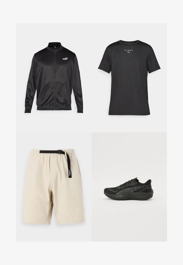 Svart zip-up jakke laget av glatt, skinnende stoff. Har høy krage, to frontlommer og en hvit Puma-logo på venstre bryst.; Svart kortermet treningstopp laget av lett materiale. Har rund hals og trykt "HYROX"-logo med Puma-emblem på forsiden.; Beige shorts med elastisk midjebånd og justerbart svart belte. Laget av lett materiale, med et enkelt design og rett snitt.; Svart idrettssko med en teksturert mesh-overdel, flate lisser og en polstret såle med subtile reflekterende detaljer.