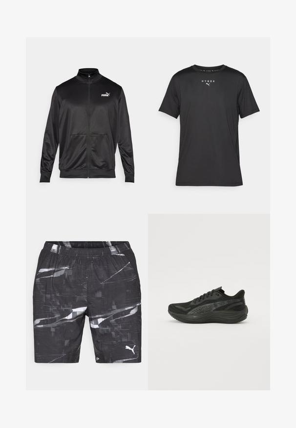 Črna jakna na zadrgo iz gladkega, sijočega materiala. Ima visok ovratnik, dva sprednja žepa in belo Puma logotip na levem prsnem delu.; Črna športna majica s kratkimi rokavi iz lahkega materiala. Ima okroglo izreznico in potiskano "HYROX" logo ter emblem Puma na sprednji strani.; Črne kratke hlače z geometrijskim belim in sivo abstraktnim vzorcem. Elastičen pas z dvema stranskima žepoma in majhnim logotipom na levem stegnu.; Črne atletske čevlje z mrežasto zgornjim delom, ravnimi vezalkami in oblazinjeno podplat, ki ima subtilne odsevne akcentne.