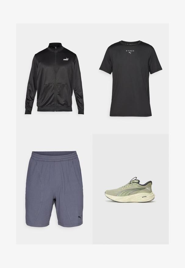 Svart zip-up jakke laget av glatt, skinnende stoff. Har høy krage, to frontlommer og en hvit Puma-logo på venstre bryst.; Svart kortermet treningstopp laget av lett materiale. Har rund hals og trykt "HYROX"-logo med Puma-emblem på forsiden.; Grå treningsshorts laget av lett materiale, med en jevn tekstur, elastisk midjebånd, og svart Puma-logo på nederste venstre side.; Lys grønn løpesko med teksturert mesh-overdel, reflekterende detaljer, tykk polstret såle, og svart detaljering på hælen og yttersålen.
