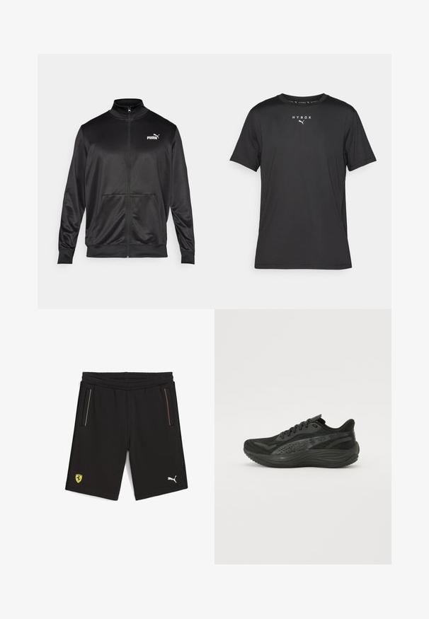 Chaqueta negra con cremallera hecha de un tejido liso y brillante. Presenta un cuello alto, dos bolsillos frontales y un logo blanco de Puma en el lado izquierdo del pecho.; Camiseta deportiva de manga corta negra, hecha de una tela ligera. Cuenta con un cuello redondo y un logo impreso de "HYROX" con un emblema de Puma en la parte frontal.; Shorts deportivos negros hechos de material suave, con bolsillos laterales, logo de Puma en blanco y un emblema amarillo de Ferrari en el dobladillo.; Zapatilla deportiva negra con parte superior de malla texturizada, cordones planos y una suela acolchada con sutiles acentos reflectantes.