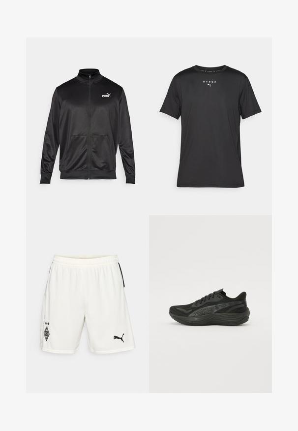 Chaqueta negra con cremallera hecha de un tejido liso y brillante. Presenta un cuello alto, dos bolsillos frontales y un logo blanco de Puma en el lado izquierdo del pecho.; Camiseta deportiva de manga corta negra, hecha de una tela ligera. Cuenta con un cuello redondo y un logo impreso de "HYROX" con un emblema de Puma en la parte frontal.; Pantalones cortos deportivos blancos hechos de una tela ligera, con un logo negro en la pierna izquierda y acentos laterales negros. Incluyen una cinturilla elástica.; Zapatilla deportiva negra con parte superior de malla texturizada, cordones planos y una suela acolchada con sutiles acentos reflectantes.
