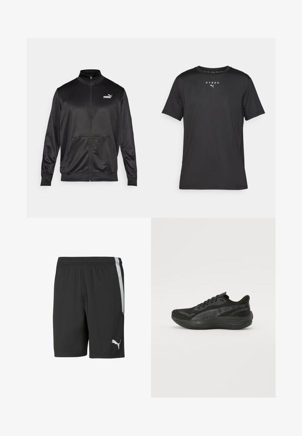 Svart zip-up jakke laget av glatt, skinnende stoff. Har høy krage, to frontlommer og en hvit Puma-logo på venstre bryst.; Svart kortermet treningstopp laget av lett materiale. Har rund hals og trykt "HYROX"-logo med Puma-emblem på forsiden.; Sorte, lette treningsshorts med hvit sidestripe og hvit Puma-logo nederst til venstre foran.; Svart idrettssko med en teksturert mesh-overdel, flate lisser og en polstret såle med subtile reflekterende detaljer.