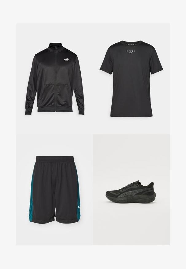 Černá bunda na zip vyrobená z hladké, lesklé látky. Má vysoký límec, dvě přední kapsy a bílé logo Puma na levé straně hrudi.; Černé sportovní tričko s krátkým rukávem vyrobené z lehkého materiálu. Má kulatý výstřih a na přední straně potisk s logem "HYROX" a emblémem Puma.; Puma SHOT BLOCKER SHORT - Sportovní kraťasy - black/cold green; Černá sportovní obuv s texturovaným síťovaným svrškem, plochými tkaničkami a polstrovanou podešví s decentními reflexními prvky.
