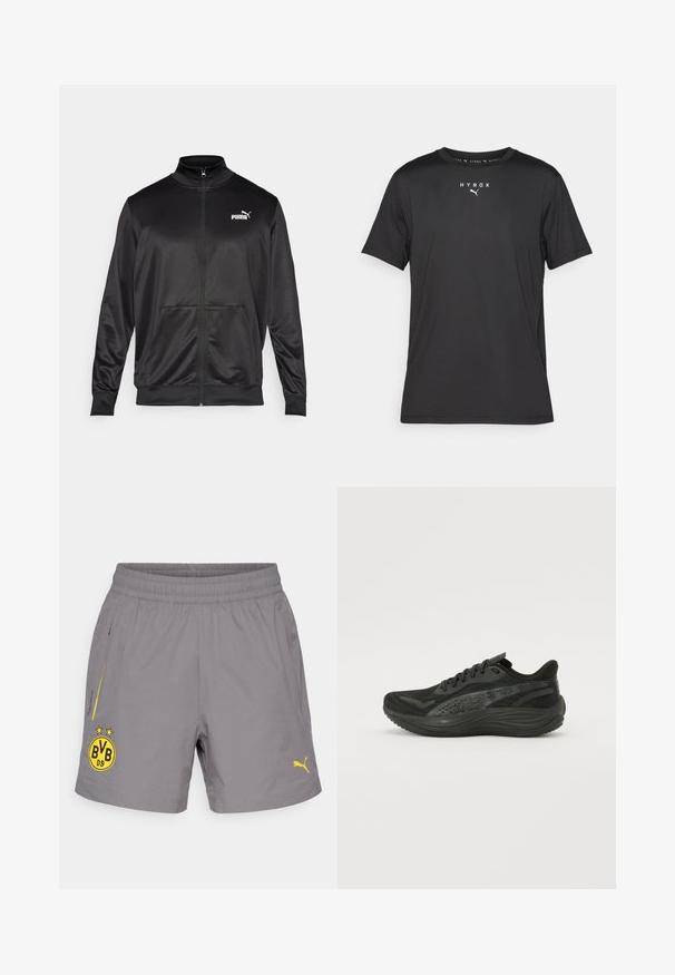 Black zip-up jacket made of smooth, shiny fabric. Features a high collar, two front pockets, and a white Puma logo on the left chest.; Black short-sleeve sports t-shirt made of lightweight fabric. Features a crew neck and printed "HYROX" logo with a Puma emblem on the front.; Gray sports shorts made of lightweight material. Features yellow accents and logos, elastic waistband, and two side pockets.; Black athletic shoe with a textured mesh upper, flat laces, and a cushioned sole featuring subtle reflective accents.