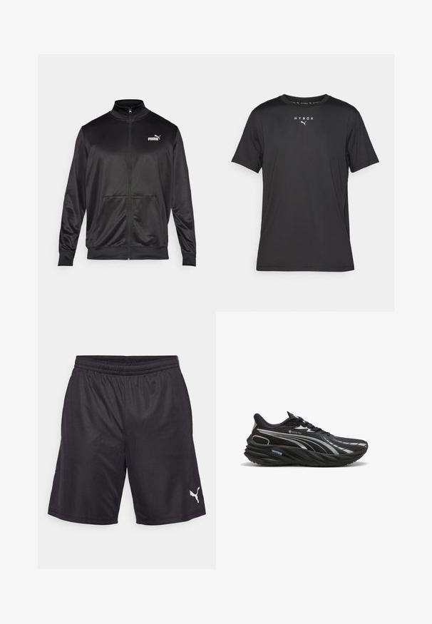 Svart zip-up jacka i slät, glänsande tyg. Har hög krage, två framfickor och en vit Puma-logotyp på vänster bröst.; Svart sportt-shirt med korta ärmar gjord av lättviktigt material. Har rundad halsringning och tryckt "HYROX"-logotyp med Puma-emblem på framsidan.; Svarta atletiska shorts gjorda av lättviktsmaterial, med ett elastiskt midjeband och en silverfärgad logotyp på nedre vänstra sida.; Svart löparsko tillverkad av GORE-TEX-material, med en strukturerad ovandel, böjd sula och reflekterande silverdetaljer.