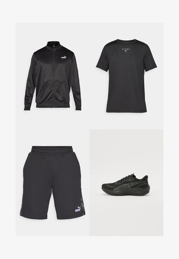 Črna jakna na zadrgo iz gladkega, sijočega materiala. Ima visok ovratnik, dva sprednja žepa in belo Puma logotip na levem prsnem delu.; Črna športna majica s kratkimi rokavi iz lahkega materiala. Ima okroglo izreznico in potiskano "HYROX" logo ter emblem Puma na sprednji strani.; Črne atletske kratke hlače iz gladkega materiala, z rebrastim pasom in stranskimi paneli z diskretnim vzorcem. Logo Puma na spodnjem desnem delu.; Črne atletske čevlje z mrežasto zgornjim delom, ravnimi vezalkami in oblazinjeno podplat, ki ima subtilne odsevne akcentne.