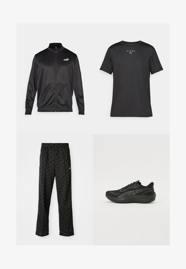 Svart zip-up jakke laget av glatt, skinnende stoff. Har høy krage, to frontlommer og en hvit Puma-logo på venstre bryst.; Svart kortermet treningstopp laget av lett materiale. Har rund hals og trykt "HYROX"-logo med Puma-emblem på forsiden.; Svart treningsbukser med elastisk linning. Har et gjentakende logomønster i mørkegrått og et hvitt logoakcent nær hoften.; Svart idrettssko med en teksturert mesh-overdel, flate lisser og en polstret såle med subtile reflekterende detaljer.