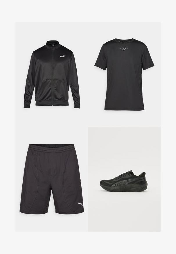 Juodas zip-up švarkas, pagamintas iš lygaus, blizgaus audinio. Turintis aukštą apykaklę, dvi priekinės kišenes ir baltą Puma logotipą kairiajame krūtinės kampe.; Juodas trumpomis rankovėmis sportinis marškinėlis, pagamintas iš lengvos medžiagos. Suapvalintas kaklas ir spausdintas "HYROX" logotipas su Puma emblema priekyje.; Juodi sportiniai šortai, pagaminti iš sintetinio pluošto, su elastinga juosmeniu, šoninėmis siūlėmis ir baltu Puma logotipu apatinėje dešinėje.; Juodos sportinės bateliai su tekstūruotu mezginiu, plokščiomis raištelėmis ir paminkštintu padu, turinčiu subtilius atspindinčius akcentus.