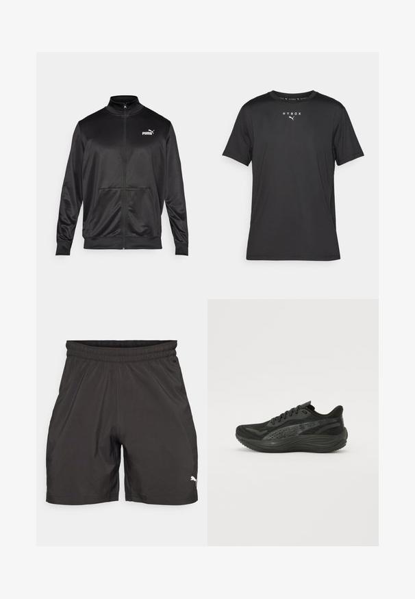 Jachetă neagră cu fermoar, made dintr-un material neted, lucios. Dispune de un guler înalt, două buzunare frontale și un logo alb Puma pe pieptul stâng.; Tricou sportiv scurt cu maneci negre, fabricat dintr-un material ușor. Are guler rotund și logo-ul imprimat "HYROX" cu emblema Puma pe față.; Pantaloni scurți sport negri, confecționați dintr-un material ușor, având un tiv elastic și un mic logo alb în colțul din stânga jos.; Pantofii sport negri, cu un superior din plasă texturată, șireturi plate și o talpă căptușită cu accente reflectorizante subtile.