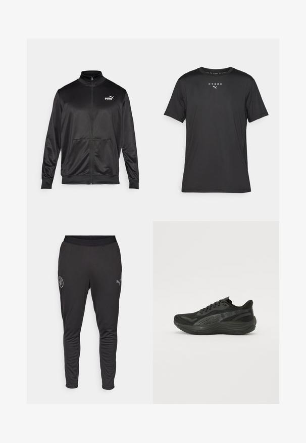 Must läikivast ja siledast kangast must kapuutsiga jakk. Omab kõrget kaelust, kahte esi-taskut ja valget Puma logo vasakul rinnal.; Must t-särk lühikeste varrukatega mustast kergest kangast. Omab ümmargust kaelust ja trükitud "HYROX" logo koos Puma embleemiga ees.; Mustad musta värvi spordipüksid, mis on valmistatud hingavast kangast. Need on ülikitsad, paindliku vöökoha ja väikese logoga küljel.; Musternähtud pealistusega mustad sportlikud jalatsid, sirged paelad ja pehmendatud tald, millel on peened peegeldavad aktsendid.