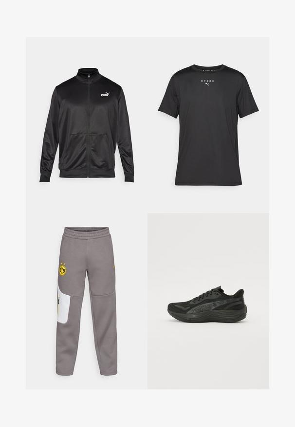 Svart zip-up jakke laget av glatt, skinnende stoff. Har høy krage, to frontlommer og en hvit Puma-logo på venstre bryst.; Svart kortermet treningstopp laget av lett materiale. Har rund hals og trykt "HYROX"-logo med Puma-emblem på forsiden.; Grå joggebukser med en hvit lapp, elastisk midje, gult logo og gult glidelåsdetalj. Myk tekstur og smalere design.; Svart idrettssko med en teksturert mesh-overdel, flate lisser og en polstret såle med subtile reflekterende detaljer.