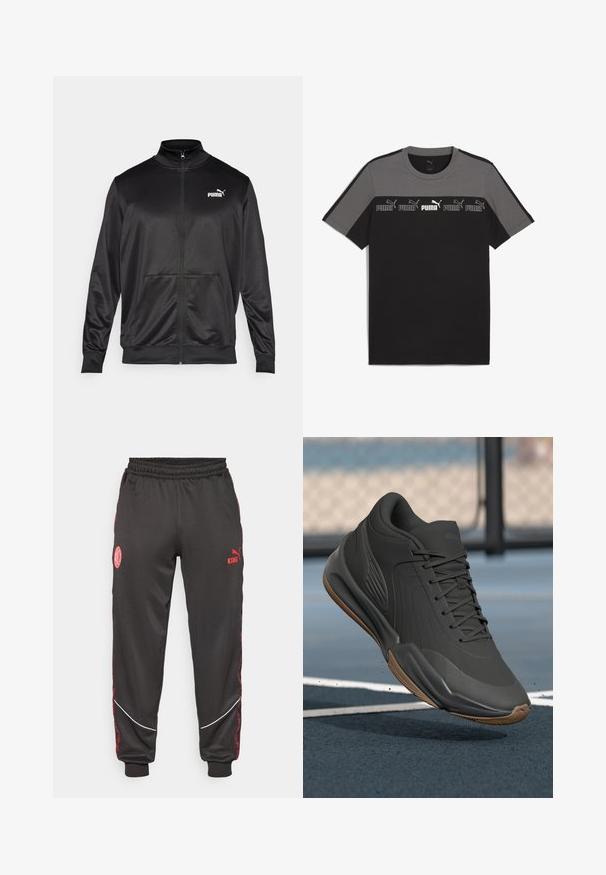 Jachetă neagră cu fermoar, made dintr-un material neted, lucios. Dispune de un guler înalt, două buzunare frontale și un logo alb Puma pe pieptul stâng.; Tricou scurt cu mânecă, de culoare neagră și gri, cu guler rotund, având un logo alb repetat 'PUMA' pe piept și o textură netedă din bumbac.; Pantaloni sport negri cu talie elastică, accente roșii, logo-uri brodate și dantelă albă pe laterale, confecționați dintr-un material neted.; Pantofii sport negri, cu un brâu superior sintetic neted, accente texturate și talpă din cauciuc de tip gumă, proiectați pentru performanță și confort.