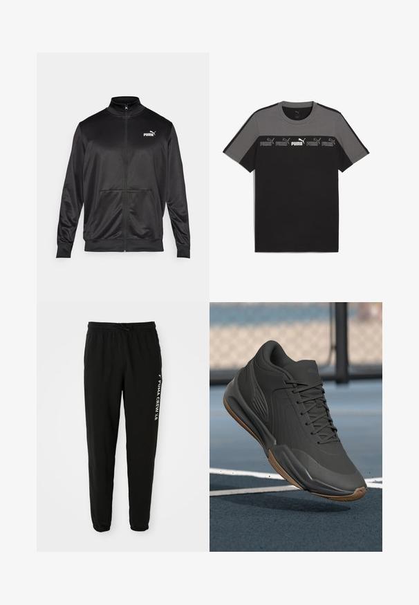 Melnā ar rāvējslēdzēju aizdaram veste, izgatavota no gludas, spīdīgas auduma. Tam ir augsta apkakle, divas priekšējās kabatas un balts Puma logotips kreisajā krūtī.; Melna un pelēka īsām piedurknēm T-kreklā ar apaļu kakla izgriezumu, ar atkārtotu balto 'PUMA' logotipu uz krūtīm un gludu kokvilnas tekstūru.; Melni pieguloši sporta bikses ar elastīgu jostasvietu un anklets, baltā krāsā ar uzrakstu "PUMA CREW '48" un logotipu kreisajā augšstilbā.; Melna sporta apava ar gludu sintētisku virsu, teksturētām akcentiem un gumijas zoli, kas izstrādāta veiktspējai un komfortam.
