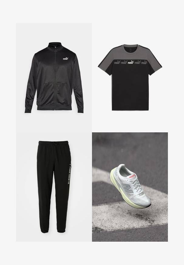 Čierna zipsová bunda vyrobená z hladkej, lesklej textílie. Má vysoký golier, dve predné vrecká a biele logo Puma na ľavej hrudi.; Čierne a sivé tričko s krátkym rukávom a okrúhlym výstrihom, s opakujúcim sa bielym logom 'PUMA' na hrudi a hladkou bavlnenou textúrou.; Čierne zúžené teplákové nohavice s elastickým pásom a manžetami, biely text a logo "PUMA CREW '48" na ľavom stehne.; Ľahká bežecká obuv s bielou sieťovinou na hornej časti, žltou medzipodrážkou a sivými akcentmi. Vyznačuje sa výrazným logom 'N' a textúrovaným povrchom.