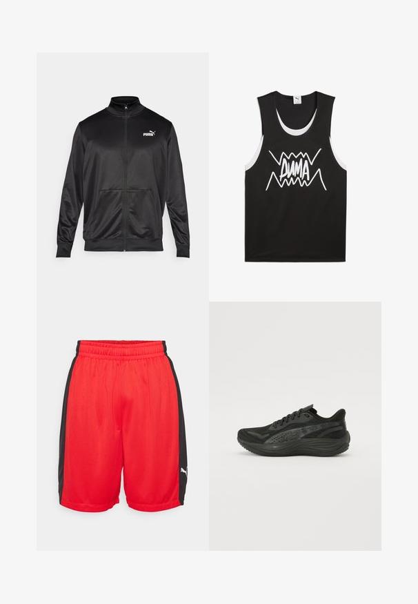 Melnā ar rāvējslēdzēju aizdaram veste, izgatavota no gludas, spīdīgas auduma. Tam ir augsta apkakle, divas priekšējās kabatas un balts Puma logotips kreisajā krūtī.; Melnā bezpiedurkņu krekls ar baltām akcentiem, centrā ir drosmīgs, stilizēts "PUMA" logo. Izgatavots no sieta līdzīga auduma.; Sarkanie sporta šorti ar melniem sānu paneļiem, elastīgu jostasvietu, sieta tekstūru un baltu logo detaļu apakšējā labajā stūrī.; Melna sporta kurpe ar teksturētu acu augšdaļu, plakanām auklām un mīkstu zolīti, kurai ir smalkas atstarojošās akcenti.