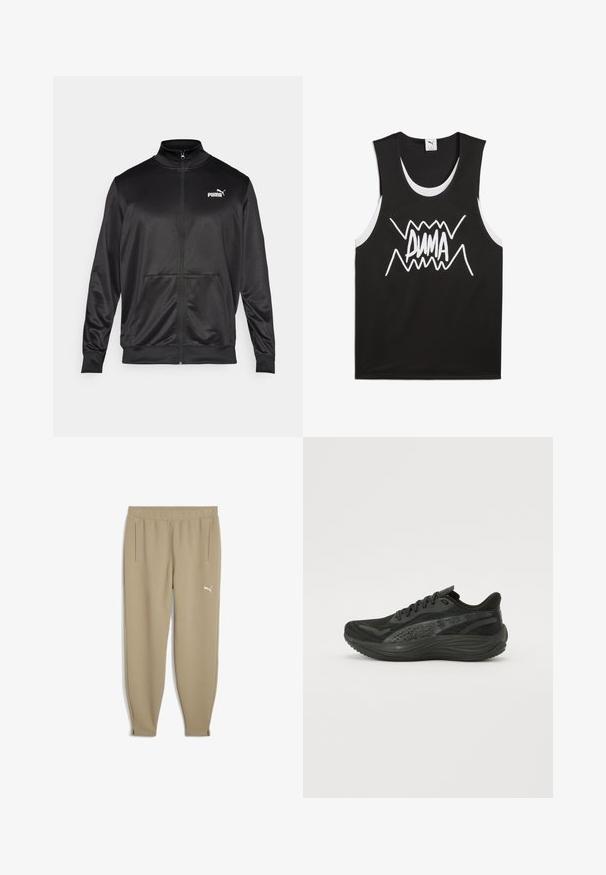 Černá bunda na zip vyrobená z hladké, lesklé látky. Má vysoký límec, dvě přední kapsy a bílé logo Puma na levé straně hrudi.; Černý bezrukávový top s bílými akcenty, na jehož přední straně je výrazné, stylizované logo "PUMA". Vyrobeno z látky podobné síťovině.; Puma STUDIO TEXTURE - Teplákové kalhoty - oak branch; Černá sportovní obuv s texturovaným síťovaným svrškem, plochými tkaničkami a polstrovanou podešví s decentními reflexními prvky.
