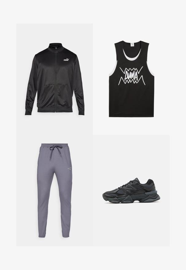 Crna jakna na zip od glatkog, sjajnog materijala. Ima visoki ovratnik, dva prednja džepa i bijeli Puma logo na lijevoj strani grudnog koša.; Crna bezrukavna majica s bijelim naglascima koja sadrži hrabri, stilizirani "PUMA" logo u središtu. Izrađena od mrežastog materijala.; Sive trenirke s uskim krojem, izrađene od mekane tkanine. Imaju pojas s vezicom i mali neonsko zeleni logo sprijeda.; Crne trkačke tenisice izrađene od kombinacije mrežastih i sintetičkih materijala, s debelim potplatom, zakrivljenim dizajnom i istaknutim brendom sa strane.