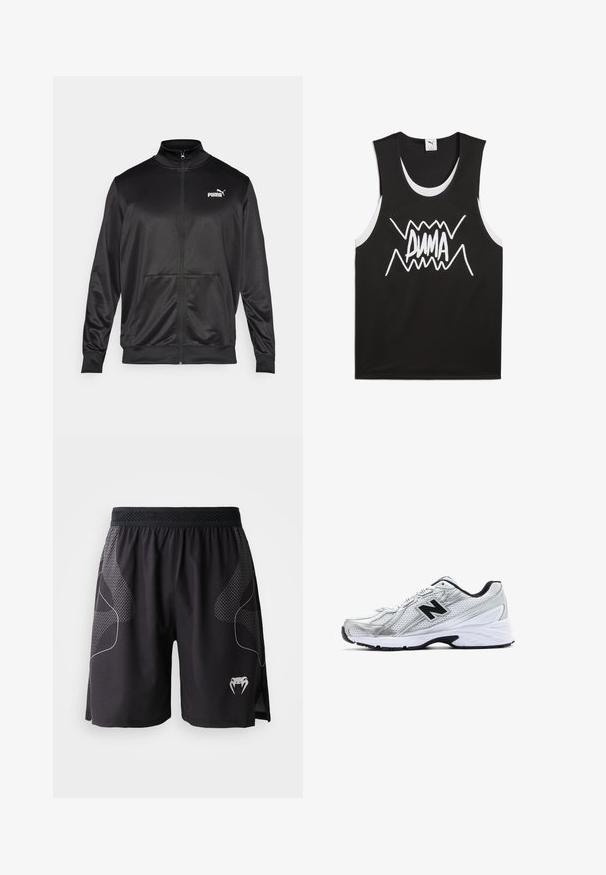 Čierna zipsová bunda vyrobená z hladkej, lesklej textílie. Má vysoký golier, dve predné vrecká a biele logo Puma na ľavej hrudi.; Čierny bezrukávový tielko s bielymi akcentmi, na ktorom v strede dominuje odvážne, stilizované logo "PUMA". Vyrobené z látky podobnej sieťovine.; Čierne športové šortky s textúrovanými bočnými panelmi, elastickým pásom a bielym logom hada s tesákmi na dolnej ľavej nohe.; Strieborná atletická obuv s priedušným materiálom, čiernymi akcentmi, perforovaným dizajnom a polstrovanou bielou podrážkou. Obsahuje pútavé logo 'N'.