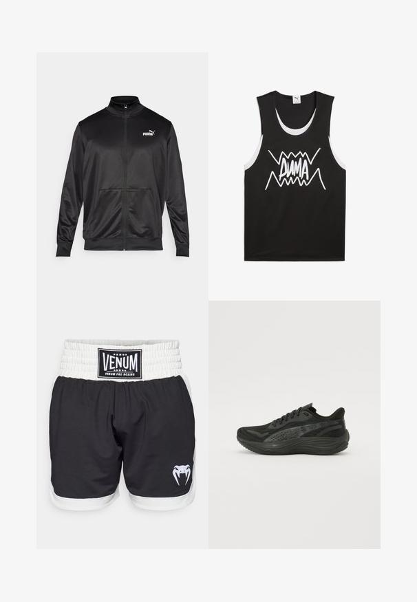 Fekete, sima, fényes anyagból készült, cipzáros dzseki. Magas gallérral, két elülső zsebbel és fehér Puma logóval rendelkezik a bal mellrészen.; Fekete ujjatlan trikó fehér díszítéssel, középen egy merész, stilizált "PUMA" logóval. Hálószerű anyagból készült.; Fekete boxernadrág fehér derékkal, VENUM logóval és fehér kígyó grafikával. Könnyű, tartós anyagból készült.; Fekete sportcipő, texturált hálós felsőrésszel, lapos fűzőkkel és párnázott talppal, finom fényvisszaverő részletekkel.