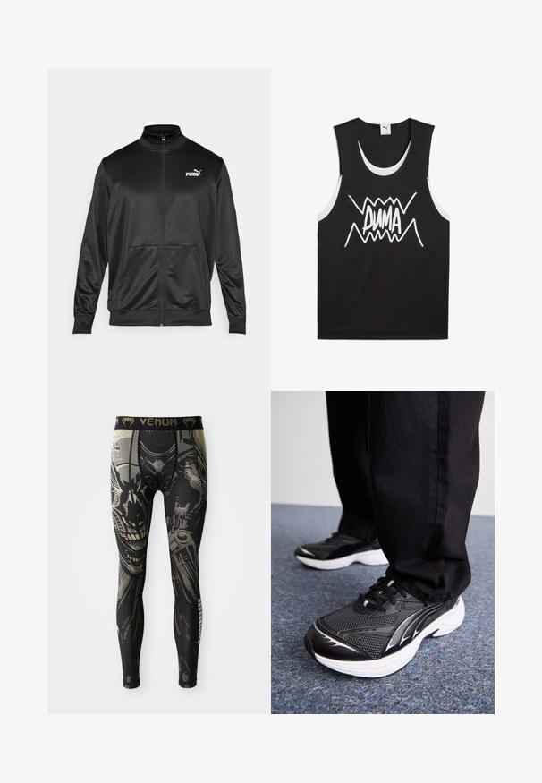 Fekete, sima, fényes anyagból készült, cipzáros dzseki. Magas gallérral, két elülső zsebbel és fehér Puma logóval rendelkezik a bal mellrészen.; Fekete ujjatlan trikó fehér díszítéssel, középen egy merész, stilizált "PUMA" logóval. Hálószerű anyagból készült.; Fekete és szürke kompressziós leggings részletes robot vagy kiborg arc dizájnnal, a derékpánton a "VENUM" logóval.; Fekete sportcipők hálós anyagból, fehér talppal és fekete részletekkel. A talpa textúrázott. Fekete nadrággal viselve, kék szőnyegen.