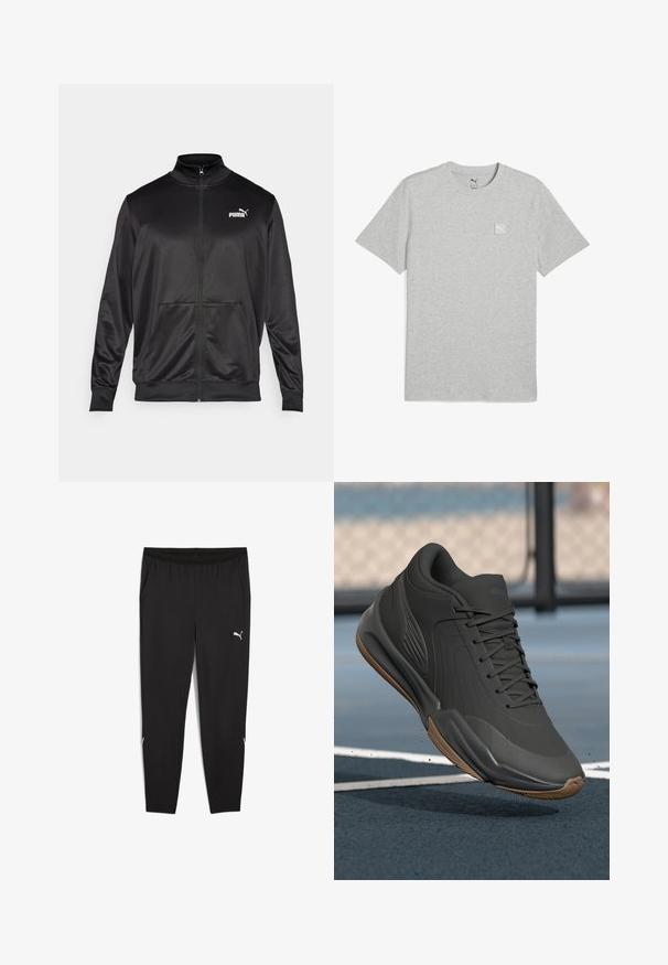 Černá bunda na zip vyrobená z hladké, lesklé látky. Má vysoký límec, dvě přední kapsy a bílé logo Puma na levé straně hrudi.; Šedé bavlněné tričko s kulatým výstřihem, krátkými rukávy a malou bílou nášivkou na levé části hrudi. Hladká textura, jednoduchý design.; Černé sportovní kalhoty s elastickým pasem, bočními kapsami a bílými logovými akcenty. Vyznačují se slim fit střihem a zúženými nohavicemi.; Černá sportovní obuv s hladkým syntetickým svrškem, texturovanými akcenty a gumovou podrážkou, navržená pro výkon a pohodlí.