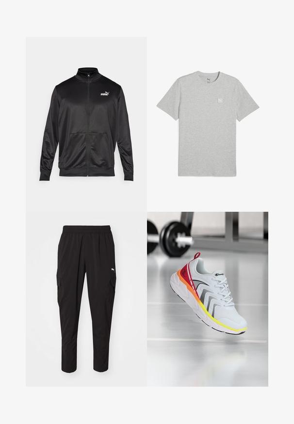 Juodas zip-up švarkas, pagamintas iš lygaus, blizgaus audinio. Turintis aukštą apykaklę, dvi priekinės kišenes ir baltą Puma logotipą kairiajame krūtinės kampe.; Pilkos spalvos medvilninis marškinėlis su apvalia iškirpte, trumpomis rankovėmis ir mažai baltu logotipo ženkleliu kairiajame krūtinės kampe. Minkštas tekstūras, paprastas dizainas.; Juodi krovinių šortai su elastiniu juosmeniu, turintys šonines kišenes ir švelnų, lengvą audinį. Tinka kasdieniam ar aktyviam dėvėjimui.; Baltas sportinis batas su tinklo viršumi, spalvingais raštais raudonos, oranžinės ir geltonos spalvų, su tekstūruotu padu ir juodais akcentais.