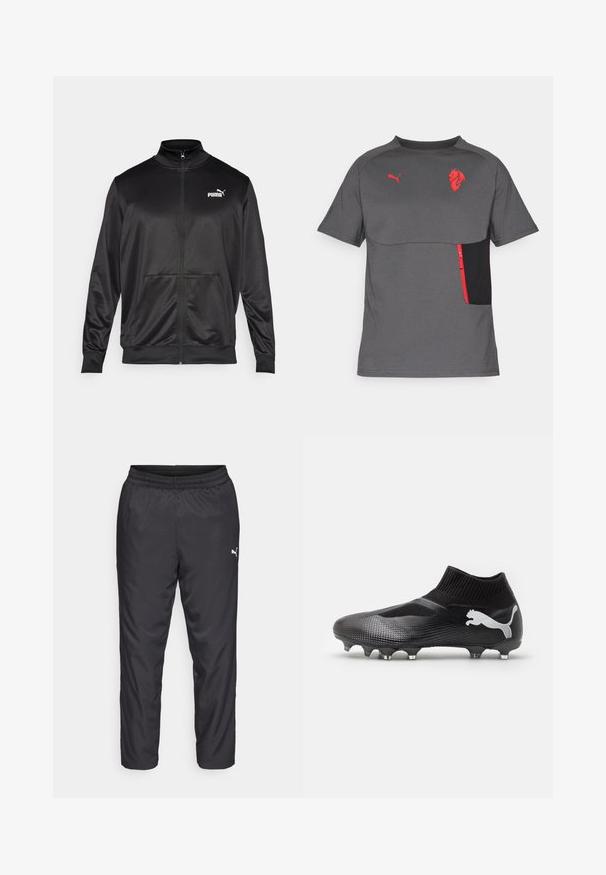 Čierna zipsová bunda vyrobená z hladkej, lesklej textílie. Má vysoký golier, dve predné vrecká a biele logo Puma na ľavej hrudi.; Šedé tričko s krátkym rukávom s čiernym panelom a červenou zipsovou vreckom. Obsahuje červené logo akcenty, okrúhly výstrih a hladkú textúru.; Čierne športové nohavice vyrobené z hladkého, ľahkého materiálu. Obsahujú elastický pás a malé biele logo na ľavej strane.; Čierna futbalová kopačka s textúrovaným povrchom, s golierom pripomínajúcim ponožku a strieborným logom Puma. Obsahuje kolíky pre trakciu na trávnatých plochách.