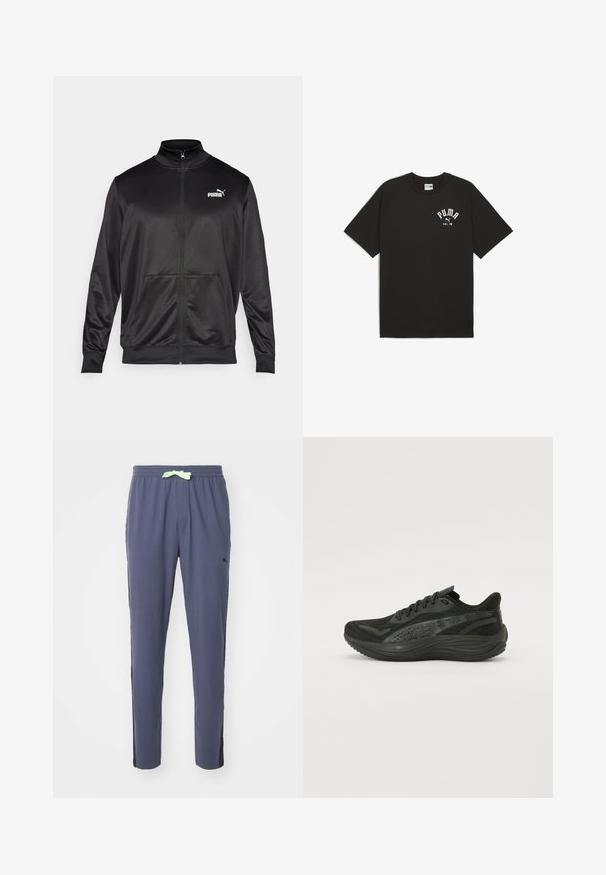 Fekete, sima, fényes anyagból készült, cipzáros dzseki. Magas gallérral, két elülső zsebbel és fehér Puma logóval rendelkezik a bal mellrészen.; Fekete pamut póló rövid raglán ujjakkal. Elöl fehér "PUMA" logó és "est. 48" felirat látható. Klasszikus, laza fazon.; Kék, puha anyagból készült melegítőnadrág, amely rugalmas derékkal és világos zöld húzózsinórral, valamint oldalsó fekete részletekkel rendelkezik.; Fekete sportcipő, texturált hálós felsőrésszel, lapos fűzőkkel és párnázott talppal, finom fényvisszaverő részletekkel.