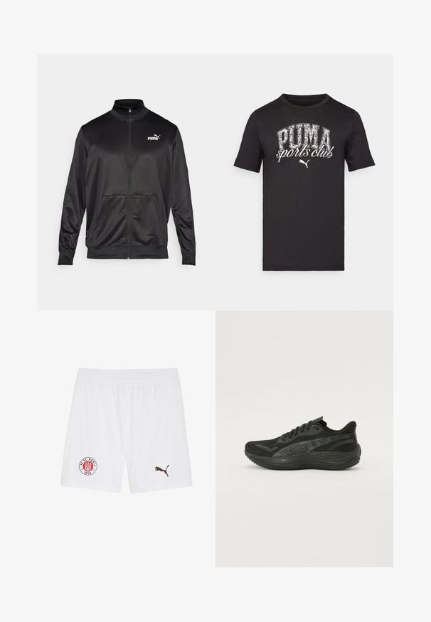 Zwarte jas met rits, gemaakt van een gladde, glanzende stof. Heeft een hoge kraag, twee voorzakken en een wit Puma-logo op de linkerborst.; Zwarte katoenen t-shirt met korte mouwen, voorzien van een grote witte opdruk "PUMA sports club" en logo op de voorkant, ronde halslijn.; Witte sportbroekjes met een elastische tailleband, FC St. Pauli-logo in rood en grijs, en een bruine Puma-logo op de rechter onderkant.; Zwarte sportieve schoen met een gestructureerde mesh bovenkant, platte veters en een gevoerde zool met subtiele reflecterende accenten.