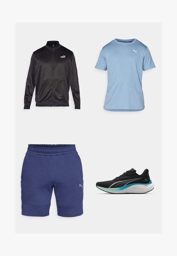 Schwarze Zip-Jacke aus glattem, glänzendem Stoff. Merkmale sind ein hoher Kragen, zwei Fronttaschen und ein weißes Puma-Logo auf der linken Brust.; Helles blaues Sporthemd mit kurzen Ärmeln aus atmungsaktivem Material, mit Rundhalsausschnitt und einem weißen Puma-Logo auf der oberen linken Brust.; Marineblaue Shorts aus weichem Stoff mit elastischem Bund, versehen mit abgerundeten Nahtdetails und einem kleinen reflektierenden Logo an der Unterseite.; Schwarzer Sportschuh mit atmungsaktivem Obermaterial, silbernen Akzenten und einer gepolsterten Zwischensohle, die ein blau-grünes Verlaufsdesign aufweist.
