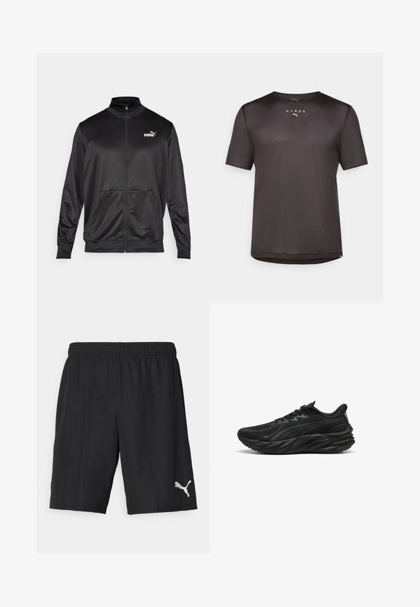 Giacca nera con zip realizzata in tessuto liscio e lucido. Presenta un colletto alto, due tasche frontali e un logo Puma bianco sul lato sinistro del petto.; Maglietta atletica nera a maniche corte realizzata in tessuto a rete testurizzato. Presenta un colletto rotondo e il logo stampato "HYROX" sul fronte.; Shorts atletici neri realizzati in tessuto morbido e leggero con cintura elasticizzata. Presentano un piccolo logo Puma argentato in basso a sinistra.; Scarpa sportiva nera con una parte superiore texturizzata, suola curvata e tallone rinforzato. Presenta lacci e un sottile elemento di design laterale.