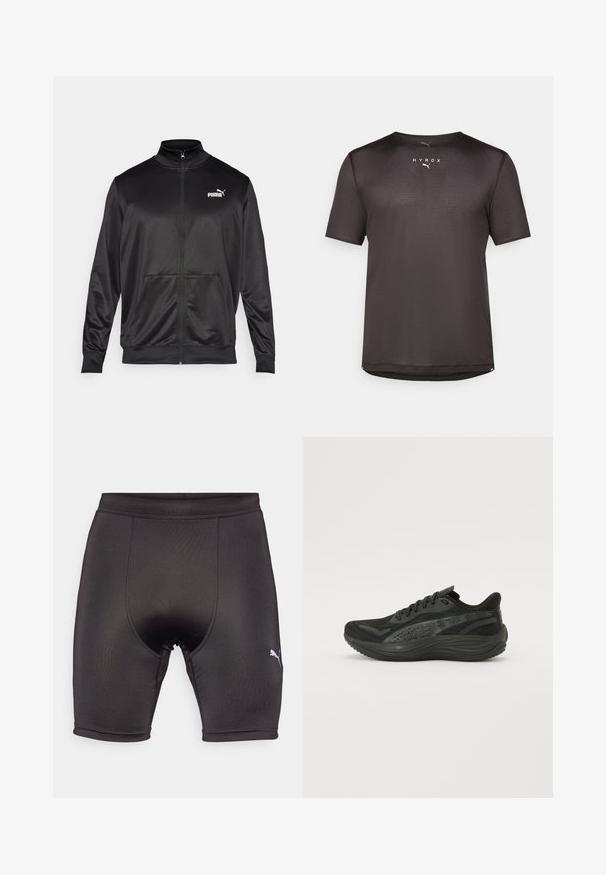 Melnā ar rāvējslēdzēju aizdaram veste, izgatavota no gludas, spīdīgas auduma. Tam ir augsta apkakle, divas priekšējās kabatas un balts Puma logotips kreisajā krūtī.; Melna īsa piedurkne sporta krekls, kas izgatavots no teksturēta tikšķu auduma. Iezīmē apļveida kakla izgriezumu un uzdrukātu "HYROX" logotipu priekšpusē.; Melnie sporta šorti, izgatavoti no gludas, elastīgas auduma. Iezīmējas ar pieguļošu dizainu, nostiprinātiem šuvēm un mazu baltu logo zem kreisās puses.; Melna sporta kurpe ar teksturētu acu augšdaļu, plakanām auklām un mīkstu zolīti, kurai ir smalkas atstarojošās akcenti.