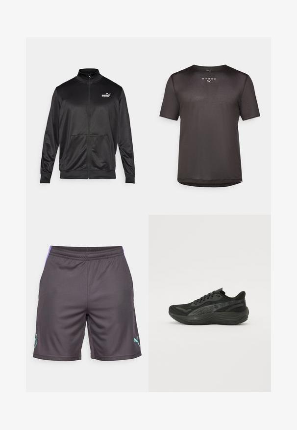 Chaqueta negra con cremallera hecha de un tejido liso y brillante. Presenta un cuello alto, dos bolsillos frontales y un logo blanco de Puma en el lado izquierdo del pecho.; Camisa atlética negra de manga corta hecha de tejido de malla texturizada. Presenta un cuello redondo y un logo impreso de "HYROX" en el frente.; Pantalones cortos deportivos grises con una textura suave, que presentan acentos laterales morados y un logo azul claro. Cintura elástica para mayor comodidad.; Zapatilla deportiva negra con parte superior de malla texturizada, cordones planos y una suela acolchada con sutiles acentos reflectantes.