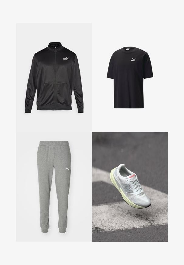 Zwarte jas met rits, gemaakt van een gladde, glanzende stof. Heeft een hoge kraag, twee voorzakken en een wit Puma-logo op de linkerborst.; Zwarte katoenen T-shirt met korte mouwen, ronde hals en een wit Puma-logo op de borst. Eenvoudig en ongecompliceerd ontwerp.; Grijze trainingsbroek van zacht materiaal, met een elastische tailleband, taps toelopende pijpen en een wit logo op de linker dij.; Lichte hardloopschoen met een witte mesh bovenkant, gele tussenzool en grijze accenten. Kenmerkt zich door een opvallend 'N' logo en een textuur oppervlak.