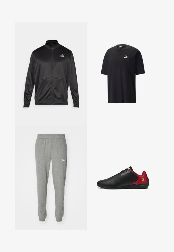 Čierna zipsová bunda vyrobená z hladkej, lesklej textílie. Má vysoký golier, dve predné vrecká a biele logo Puma na ľavej hrudi.; Čierne bavlnené tričko s krátkymi rukávmi, okrúhlym výstrihom a bielym logom Puma na prsiach. Jednoduchý a nezdobený dizajn.; Šedé teplákové nohavice z mäkkej látky, s elastickým pásom, zúženými nohavicami a bieleho loga na ľavom stehne.; Čierne tenisky s červenými doplnkami, elegantný dizajn, perforovaná textúra na vrchnej časti, s kovovým akcentom a logom na päte.