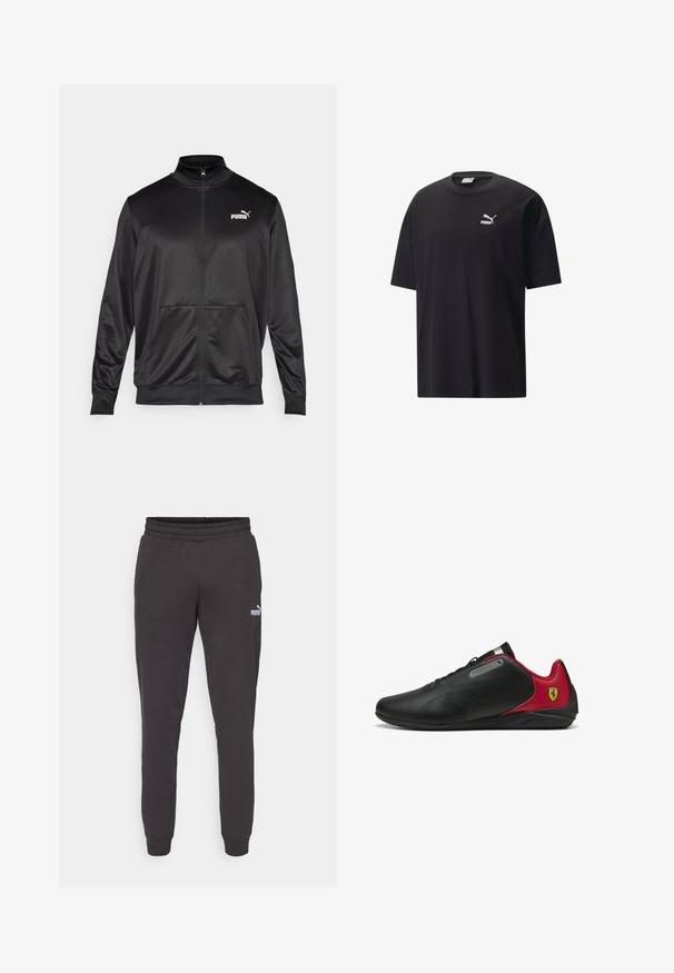 Čierna zipsová bunda vyrobená z hladkej, lesklej textílie. Má vysoký golier, dve predné vrecká a biele logo Puma na ľavej hrudi.; Čierne bavlnené tričko s krátkymi rukávmi, okrúhlym výstrihom a bielym logom Puma na prsiach. Jednoduchý a nezdobený dizajn.; Tmavošedé teplákové nohavice s elastickým pásom, zužujúce sa nohavice a malé biele logo Puma na ľavom stehne. Mäkký materiál z bavlnenej zmesi.; Čierne tenisky s červenými doplnkami, elegantný dizajn, perforovaná textúra na vrchnej časti, s kovovým akcentom a logom na päte.