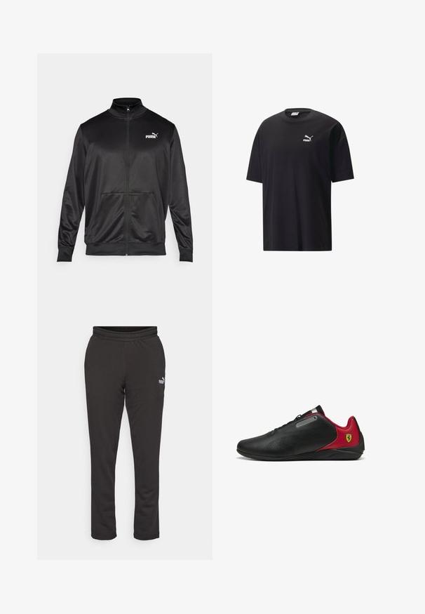 Melnā ar rāvējslēdzēju aizdaram veste, izgatavota no gludas, spīdīgas auduma. Tam ir augsta apkakle, divas priekšējās kabatas un balts Puma logotips kreisajā krūtī.; Melna kokvilnas T-krekls ar īsām piedurknēm, apaļo kakla izgriezumu un baltu Puma logo uz krūts. Vienkāršs un bez rotājumiem dizains.; Melnas sporta bikses, kas izgatavotas no mīksta auduma, ar elastīgu jostasvietu un mazu baltu logotipu kreisajā kājā. Gluda tekstūra ar brīvu piegriezumu.; Melnie sporta apavi ar sarkaniem akcentiem, elegantais dizains, perforēta tekstūra uz augšdaļas, ar metāla akcentu un logotipu uz papēža.