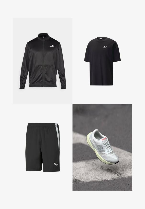 Fekete, sima, fényes anyagból készült, cipzáros dzseki. Magas gallérral, két elülső zsebbel és fehér Puma logóval rendelkezik a bal mellrészen.; Fekete pamut póló rövid ujjú, kerek nyakkivágással és fehér Puma logóval a mellen. Egyszerű és dísztelen dizájn.; Fekete sportnadrág, könnyű anyagból, fehér oldalsávval és fehér Puma logóval az alsó bal elülső részen.; Könnyű futócipő fehér hálós felsőrésszel, sárga középtalppal és szürke akcentusokkal. Jellemzője a feltűnő "N" logó és a texturált felület.