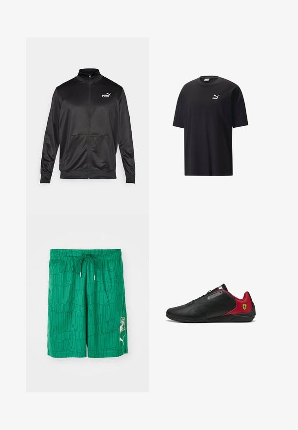 Schwarze Zip-Jacke aus glattem, glänzendem Stoff. Merkmale sind ein hoher Kragen, zwei Fronttaschen und ein weißes Puma-Logo auf der linken Brust.; Schwarzes Baumwoll-T-Shirt mit kurzen Ärmeln, Rundhalsausschnitt und einem weißen Puma-Logo auf der Brust. Schlichtes und unaufdringliches Design.; Grüne Badeshorts mit strukturiertem Muster, elastischem Bund und Kordelzug. Verfügt über ein Logo-Patch an der Seite und kontrastierende Besatzdetails.; Schwarze Sneakers mit roten Akzenten, schlankes Design, durchbrochene Textur im Obermaterial, mit einer metallischen Akzentuierung und einem Logo an der Ferse.