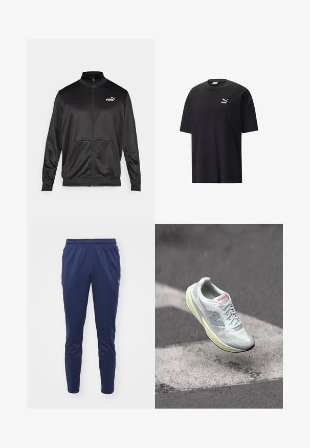 Juodas zip-up švarkas, pagamintas iš lygaus, blizgaus audinio. Turintis aukštą apykaklę, dvi priekinės kišenes ir baltą Puma logotipą kairiajame krūtinės kampe.; Juodas medvilnės marškinėliai trumpomis rankovėmis, apvali iškirptė ir balta Puma logotipas ant krūtinės. Paprastas ir nepuošnus dizainas.; Jūrinės sportinės kelnės su elastingu juosmeniu, siaurėjantys kojų ilgiai, šoninės kišenės ir maža logotipo detalė. Pagamintos iš sklandžios, lengvos medžiagos.; Lengvi bėgimo bateliai su balta tinkline viršutinės dalies medžiaga, geltonu vidpadžiu ir pilkais akcentais. Sukurti su išsiskiriančiu „N“ logotipu ir tekstūruota paviršiumi.