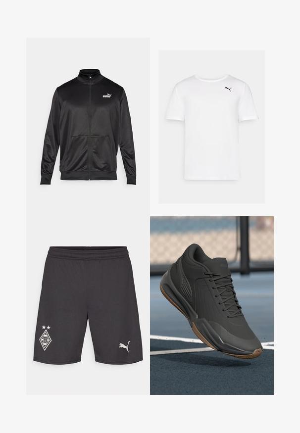 Black zip-up jacket made of smooth, shiny fabric. Features a high collar, two front pockets, and a white Puma logo on the left chest.; White short-sleeve t-shirt made of smooth fabric featuring a small black Puma logo on the left chest area. Round neckline, no patterns.; Black sports shorts with a stretch waistband. Features a white club logo with two stars and a small white Puma logo on the hem.; Black athletic shoe with a smooth synthetic upper, textured accents, and a gum rubber sole, designed for performance and comfort.