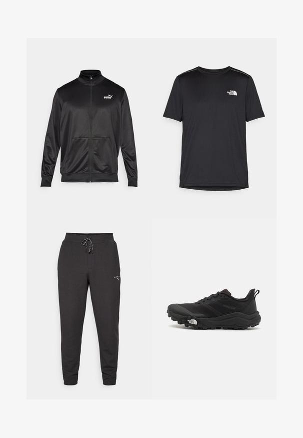 Black zip-up jacket made of smooth, shiny fabric. Features a high collar, two front pockets, and a white Puma logo on the left chest.; Black short-sleeve T-shirt made from lightweight fabric. Features a small white logo on the left chest and subtle shoulder accents.; Black jogger pants made of soft fabric, featuring a drawstring waist, cuffed ankles, and a small logo on the lower side.; Black trail running shoe with a textured upper, rubber sole, and reinforced toe cap. Features a padded collar and pull tab for easy wear.
