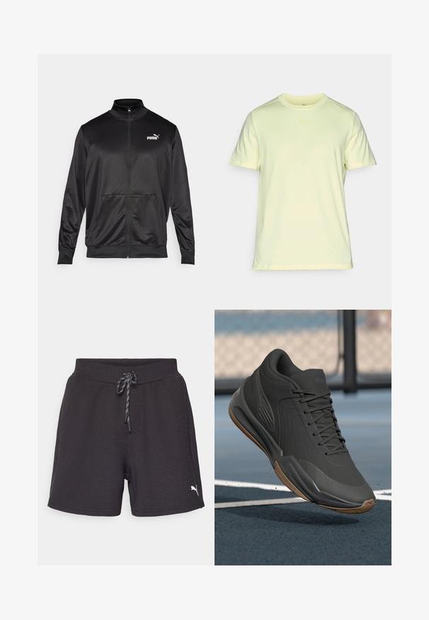 Mustat vetoketjulliset takit, jotka on valmistettu sileästä, kiiltävästä kankaasta. Ominaisuuksiin kuuluvat korkea kaulus, kaksi etutaskua ja valkoinen Puma-logo vasemmassa rinnassa.; Vaaleankeltainen urheilupaita, joka on valmistettu pehmeästä ja kevyestä kankaasta. Paita on varustettu pyöreällä kauluksella ja lyhyillä hihoilla, ja rinnassa on hillitty logo.; Mustat urheilushortsit, joissa on joustava vyötärönauha ja säädettävä nyöri. Alareunassa vasemmalla puolella on pieni valkoinen logo. Pehmeä kangas.; Musta urheilujalkine, jossa on sileä synteettinen päällinen, tekstuuriset yksityiskohdat ja kuminen pohja, suunniteltu suorituskykyä ja mukavuutta varten.