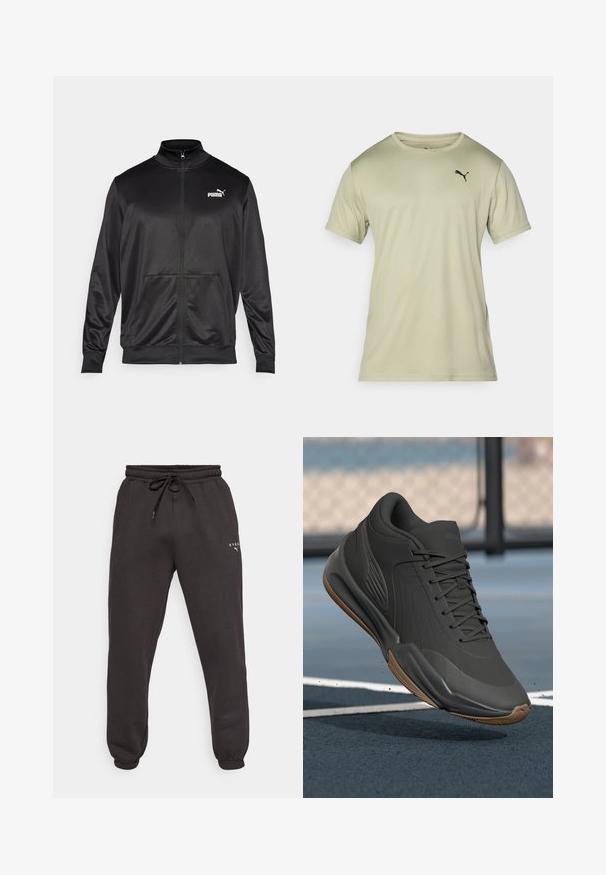 Svart zip-up jakke laget av glatt, skinnende stoff. Har høy krage, to frontlommer og en hvit Puma-logo på venstre bryst.; Lys grønn T-skjorte med korte ermer laget av myk stoff, med rund hals og en liten svart Puma-logo på brystet.; Sorte joggebukser med elastisk midje, snor og ribbede ankelmanchetter. Har en logo trykket på venstre lår. Laget av myk stoff.; Svarte treningssko med en glatt syntetisk overdel, teksturerte detaljer og en såle av gummigummi, designet for ytelse og komfort.