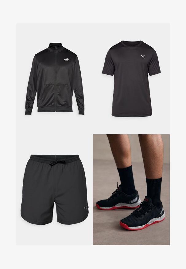 Casaco preto com fecho éclair, feito de um tecido liso e brilhante. Apresenta um colarinho alto, dois bolsos frontais e um logótipo branco da Puma no lado esquerdo do peito.; T-shirt atlético preto feito de tecido que repele a humidade, com gola redonda, mangas curtas, apresentando um pequeno logo branco no lado esquerdo do peito.; Calções de banho pretos com cintura elástica e cordão. Tecido leve com bolsos laterais. Apresenta um pequeno logótipo na bainha.; TYR CXT2 - Sapatilha de treino - black/red