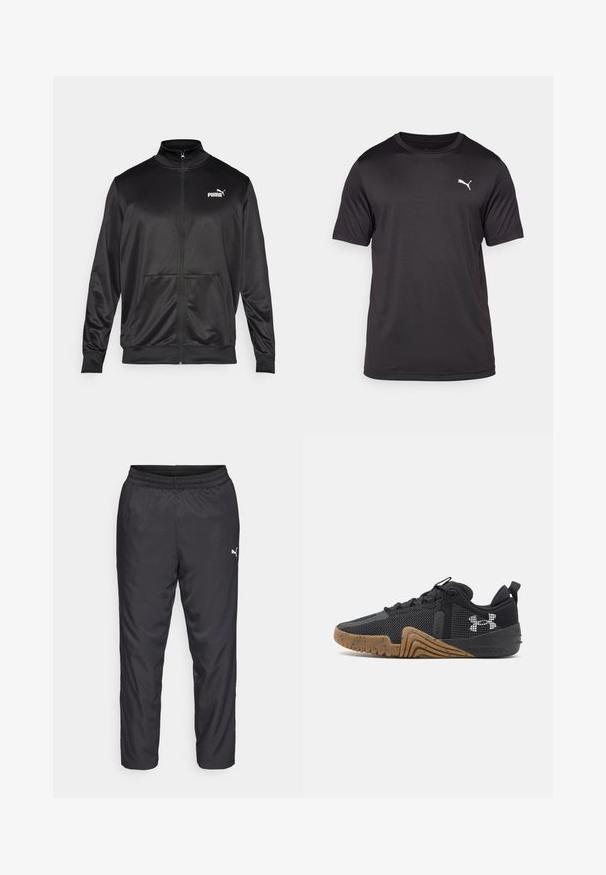 Fekete, sima, fényes anyagból készült, cipzáros dzseki. Magas gallérral, két elülső zsebbel és fehér Puma logóval rendelkezik a bal mellrészen.; Fekete sportpóló, nedvességet elvezető anyagból, kerek nyakkal és rövid ujjakkal, bal mellen egy kicsi fehér logóval.; Fekete sportos nadrág sima, könnyű anyagból. Rugalmas derékkal rendelkezik, és a bal oldalon egy kis fehér logó található.; Fekete sportcipők, hálós felső résszel, texturált gumi talppal és pántos díszítéssel. Jellemzője egy kiemelkedő logó az oldalon és lekerekített orrú kialakítás.