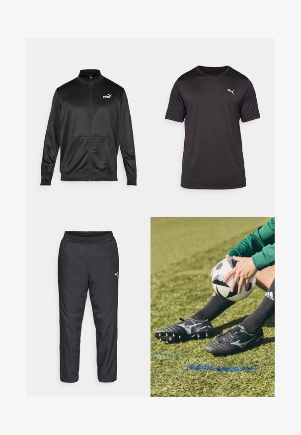 Čierna zipsová bunda vyrobená z hladkej, lesklej textílie. Má vysoký golier, dve predné vrecká a biele logo Puma na ľavej hrudi.; Čierne športové tričko vyrobené z materiálu odvádzajúceho vlhkosť, s okrúhlym výstrihom, krátkymi rukávmi a malým bielym logom na ľavej hrudi.; Čierne športové nohavice vyrobené z hladkého, ľahkého materiálu. Obsahujú elastický pás a malé biele logo na ľavej strane.; Čierne futbalové kopačky so sivými akcentmi a textúrovanými povrchmi, položené na zelenej umelej tráve. Čierno-biely futbalový loptu drží v rukách.