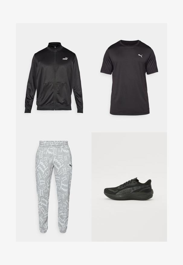Zwarte jas met rits, gemaakt van een gladde, glanzende stof. Heeft een hoge kraag, twee voorzakken en een wit Puma-logo op de linkerborst.; Zwart atletisch T-shirt gemaakt van vochtafvoerende stof, ronde hals, korte mouwen, met een klein wit logo op de linkerborst.; Grijze sweatpants met witte zigzagpatronen, elastische tailleband, opgesmukte enkels en een klein zwart Puma-logo op de rechterdij.; Zwarte sportieve schoen met een gestructureerde mesh bovenkant, platte veters en een gevoerde zool met subtiele reflecterende accenten.
